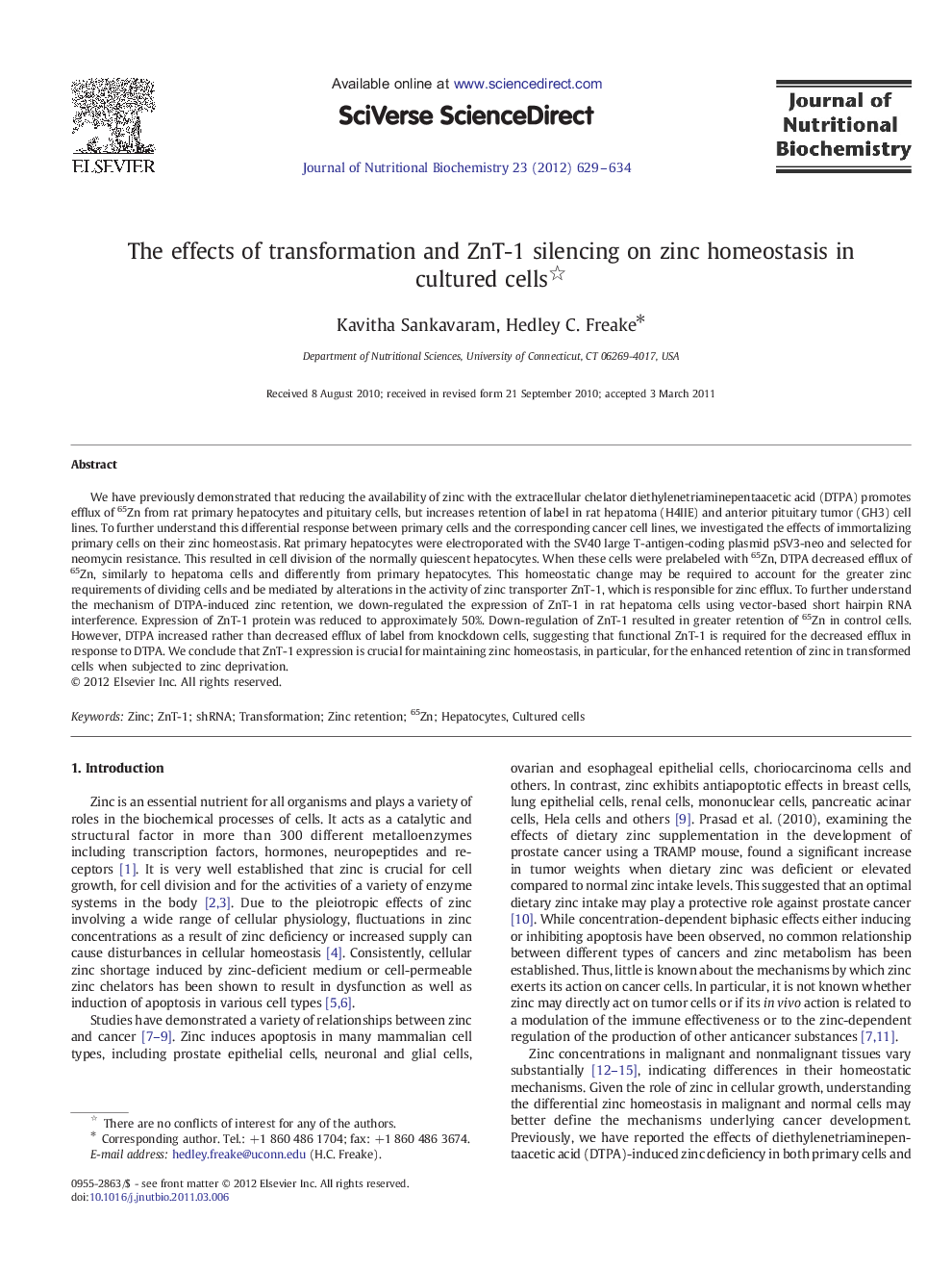 The effects of transformation and ZnT-1 silencing on zinc homeostasis in cultured cells 