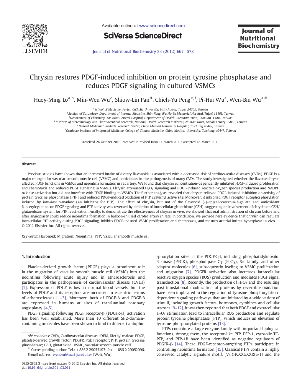 Chrysin restores PDGF-induced inhibition on protein tyrosine phosphatase and reduces PDGF signaling in cultured VSMCs