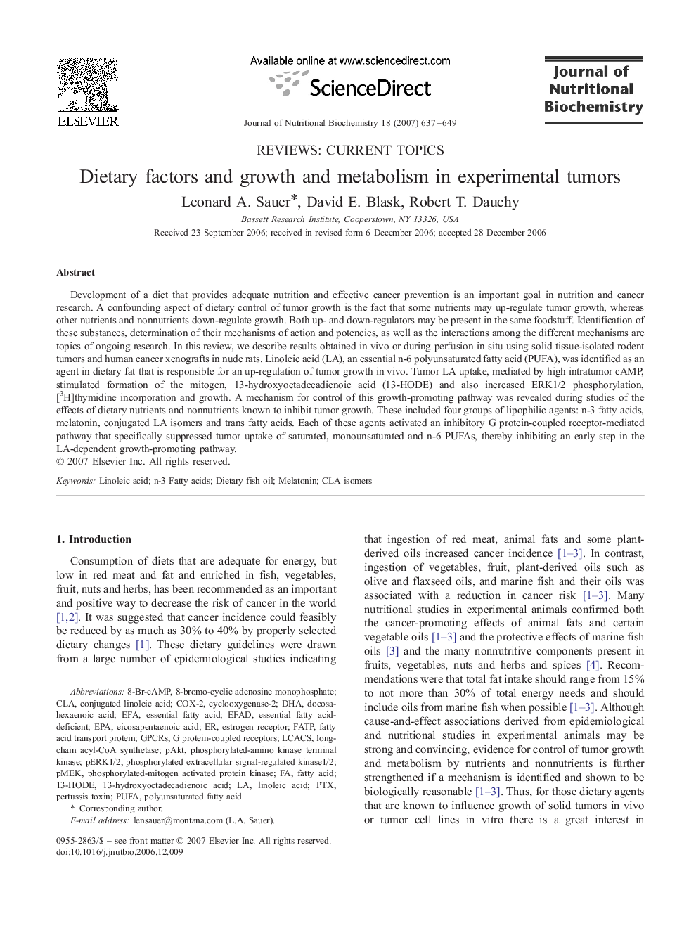 Dietary factors and growth and metabolism in experimental tumors