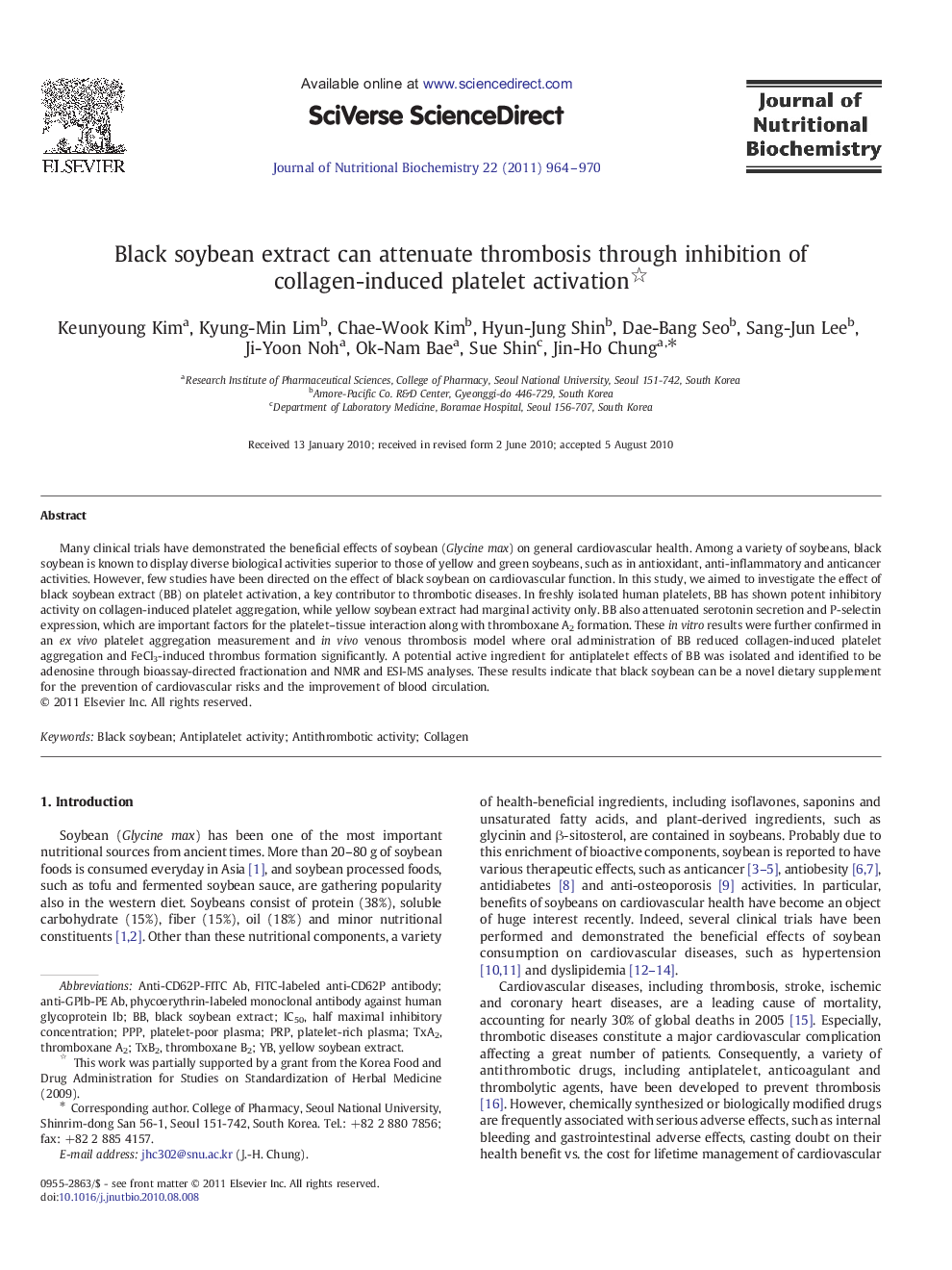 Black soybean extract can attenuate thrombosis through inhibition of collagen-induced platelet activation 