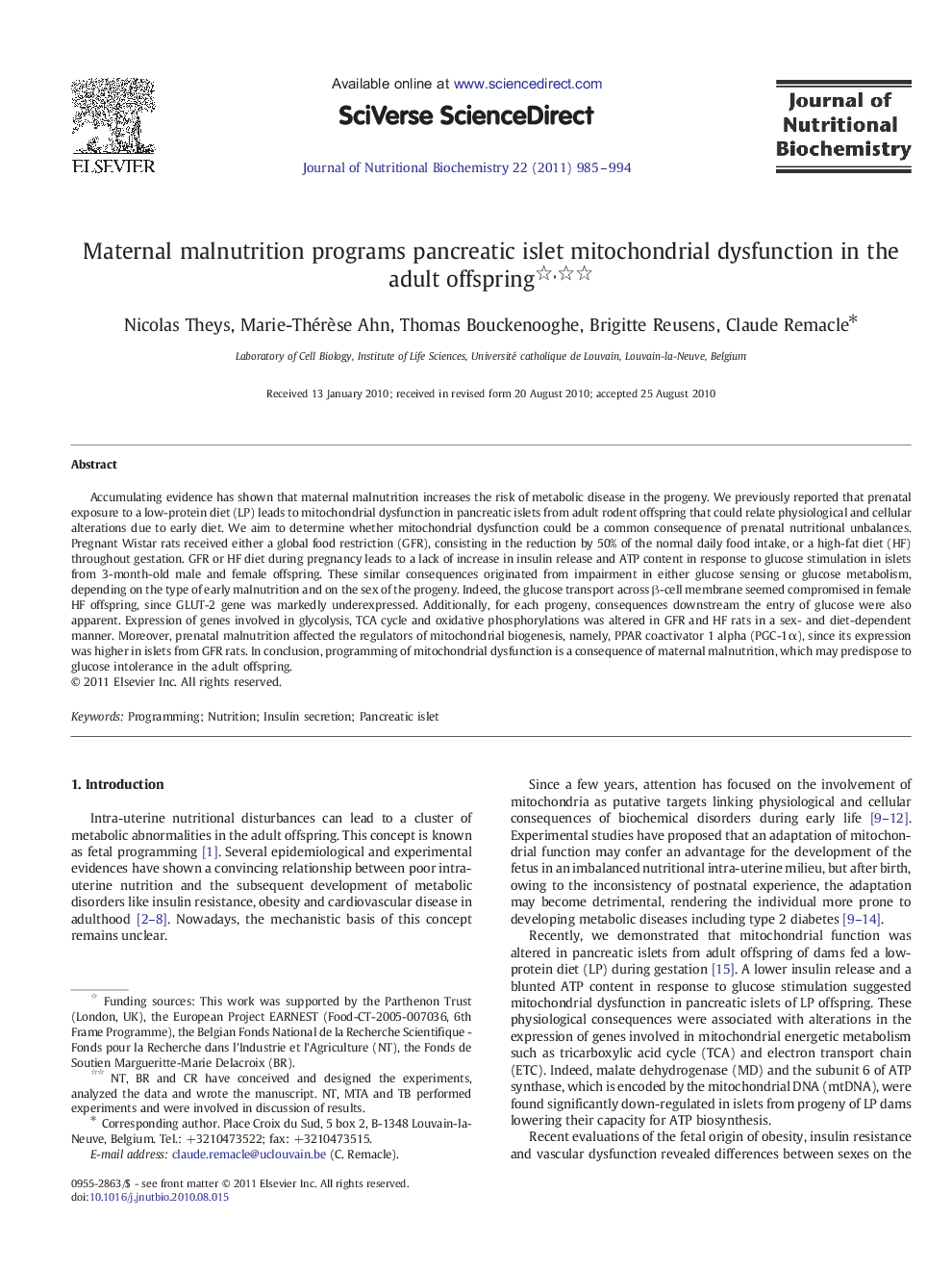 Maternal malnutrition programs pancreatic islet mitochondrial dysfunction in the adult offspring 