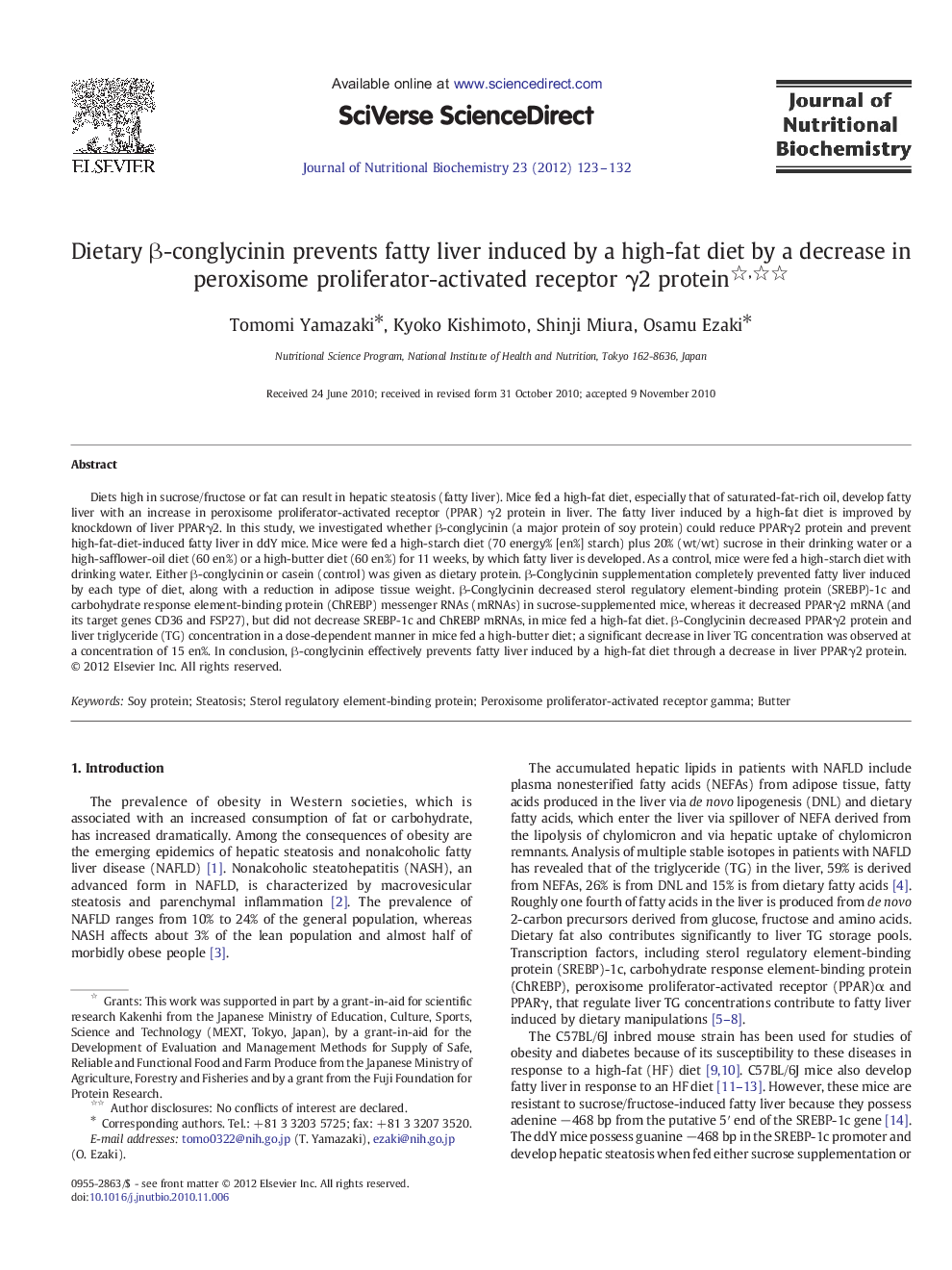 Dietary β-conglycinin prevents fatty liver induced by a high-fat diet by a decrease in peroxisome proliferator-activated receptor γ2 protein 