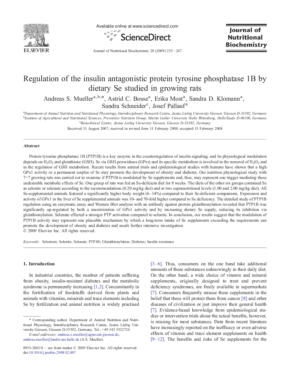 Regulation of the insulin antagonistic protein tyrosine phosphatase 1B by dietary Se studied in growing rats