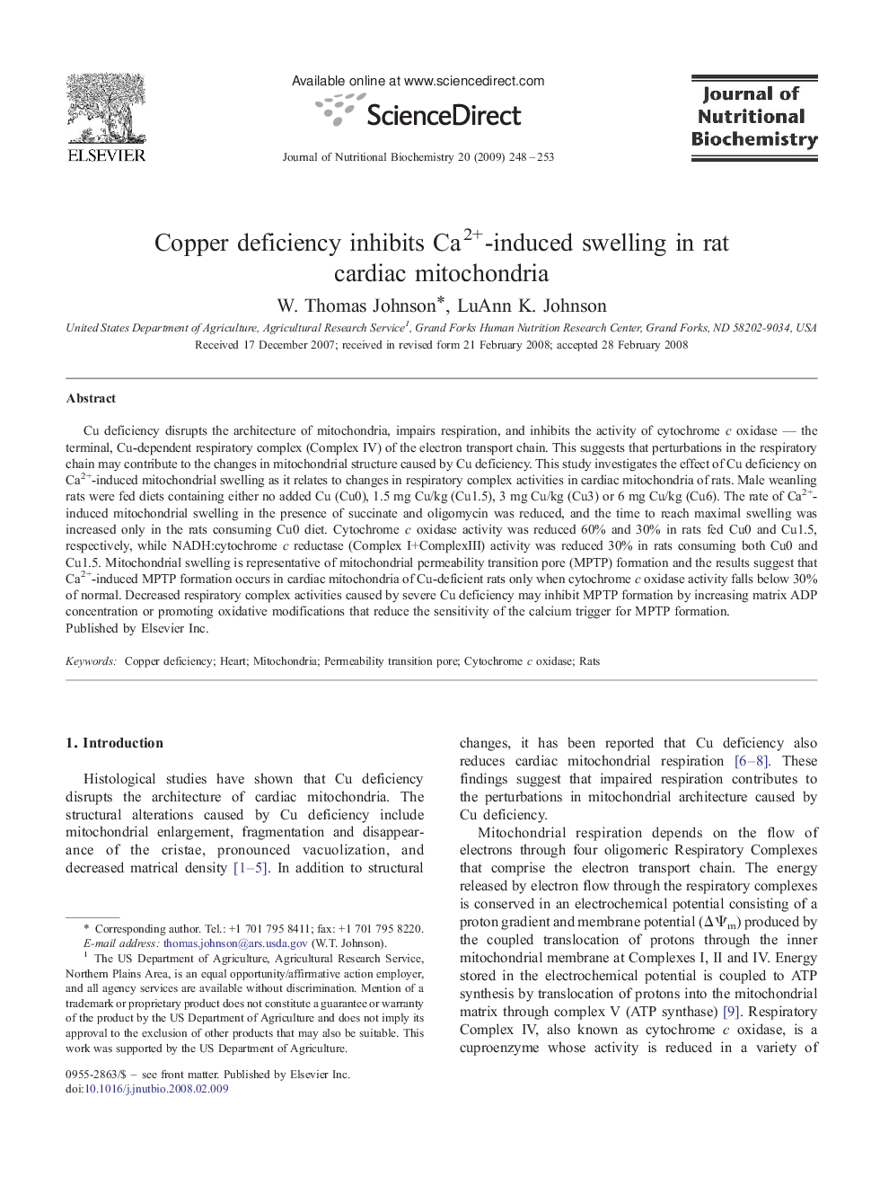 Copper deficiency inhibits Ca2+-induced swelling in rat cardiac mitochondria