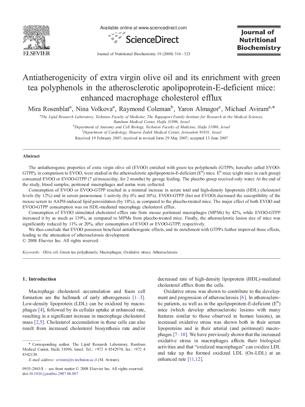 Antiatherogenicity of extra virgin olive oil and its enrichment with green tea polyphenols in the atherosclerotic apolipoprotein-E-deficient mice: enhanced macrophage cholesterol efflux