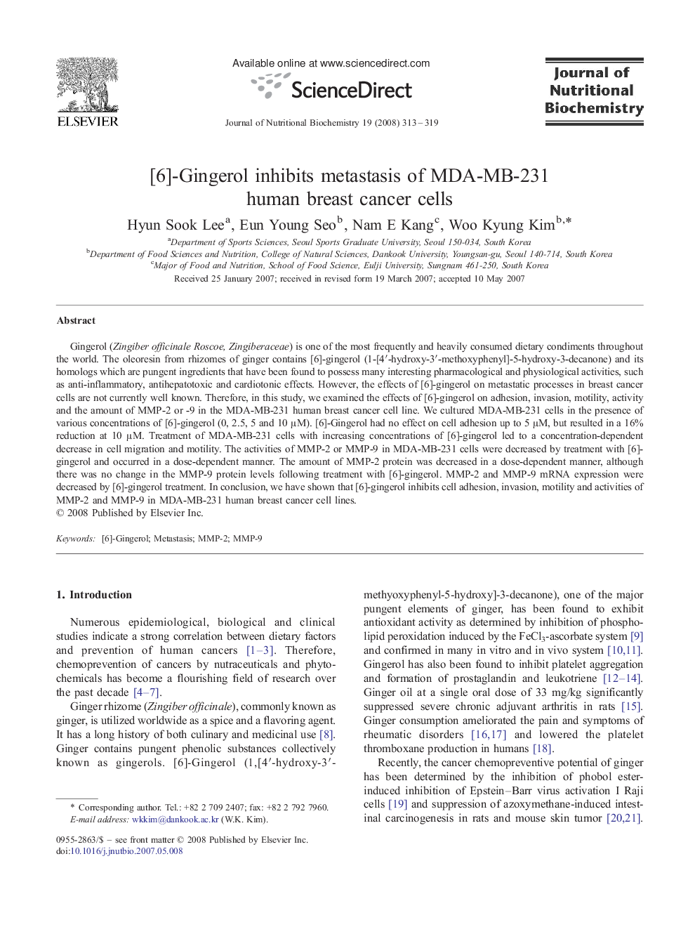 [6]-Gingerol inhibits metastasis of MDA-MB-231 human breast cancer cells