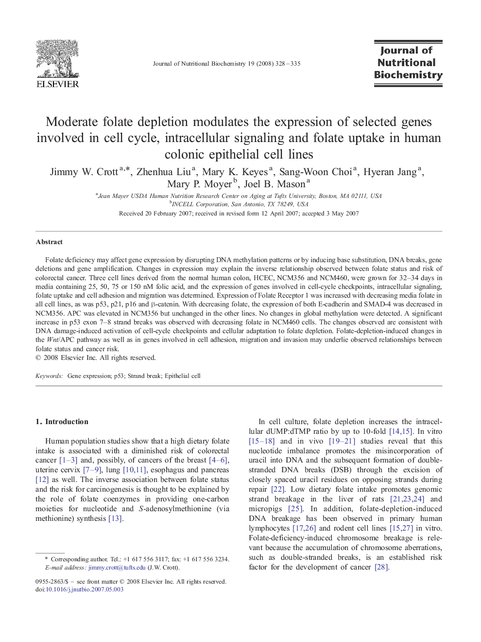 Moderate folate depletion modulates the expression of selected genes involved in cell cycle, intracellular signaling and folate uptake in human colonic epithelial cell lines