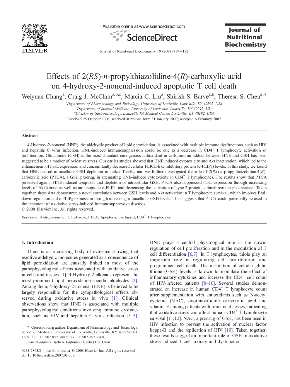 Effects of 2(RS)-n-propylthiazolidine-4(R)-carboxylic acid on 4-hydroxy-2-nonenal-induced apoptotic T cell death