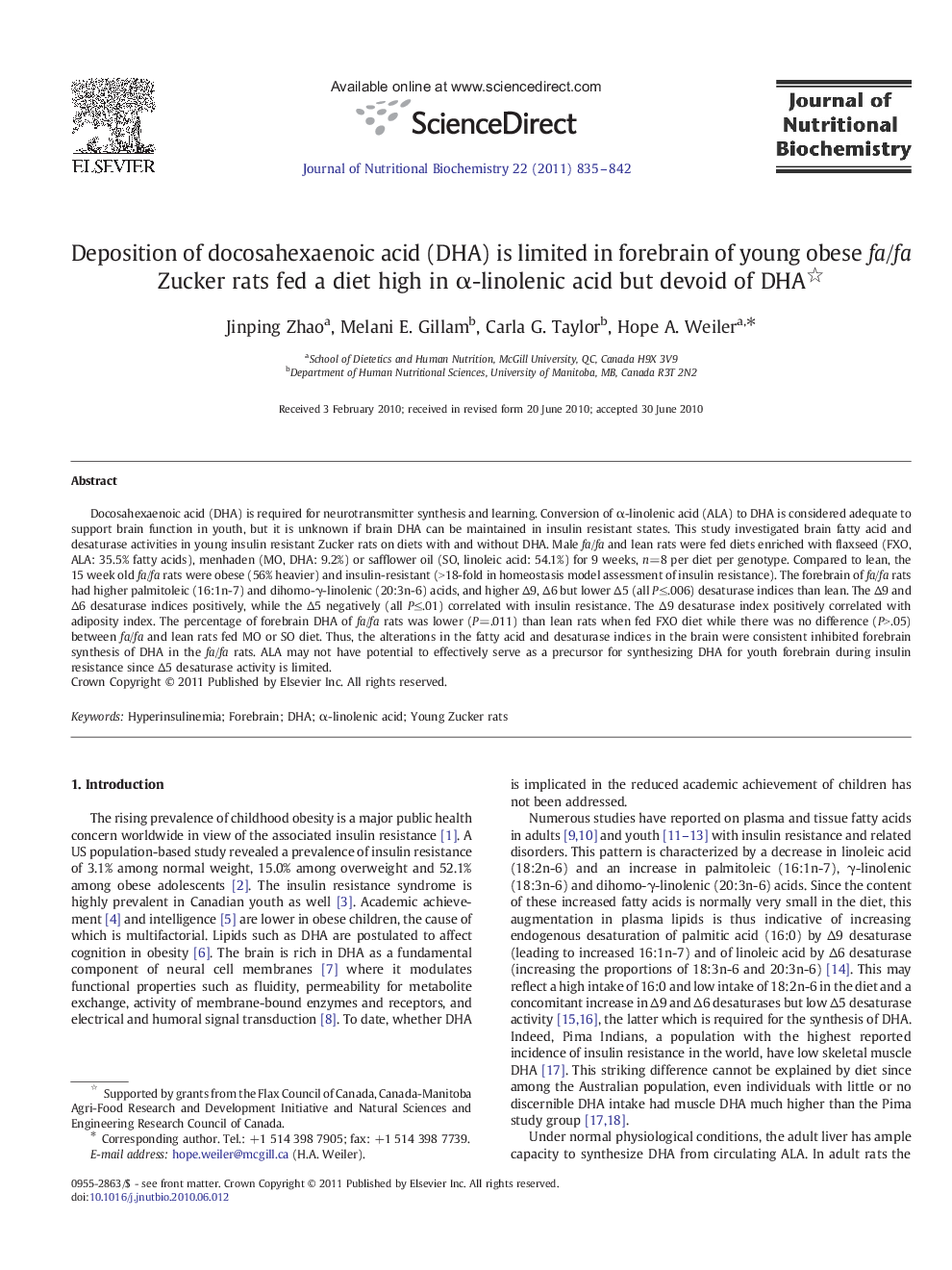 Deposition of docosahexaenoic acid (DHA) is limited in forebrain of young obese fa/fa Zucker rats fed a diet high in α-linolenic acid but devoid of DHA 