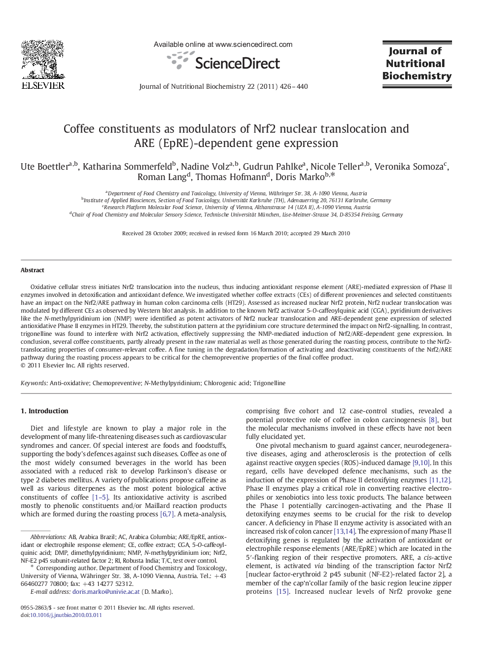 Coffee constituents as modulators of Nrf2 nuclear translocation and ARE (EpRE)-dependent gene expression