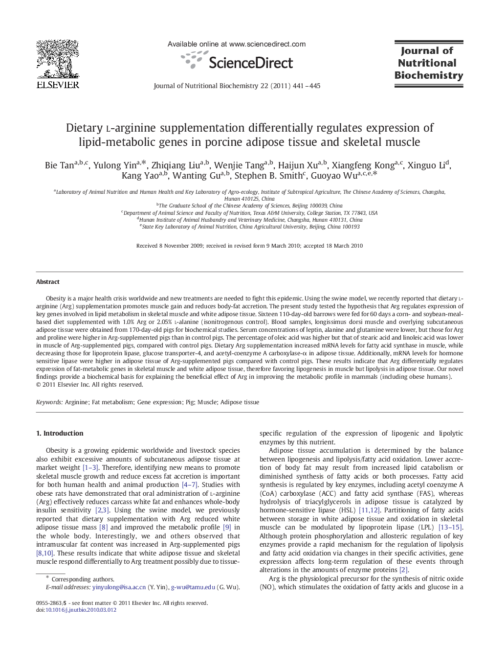 Dietary l-arginine supplementation differentially regulates expression of lipid-metabolic genes in porcine adipose tissue and skeletal muscle