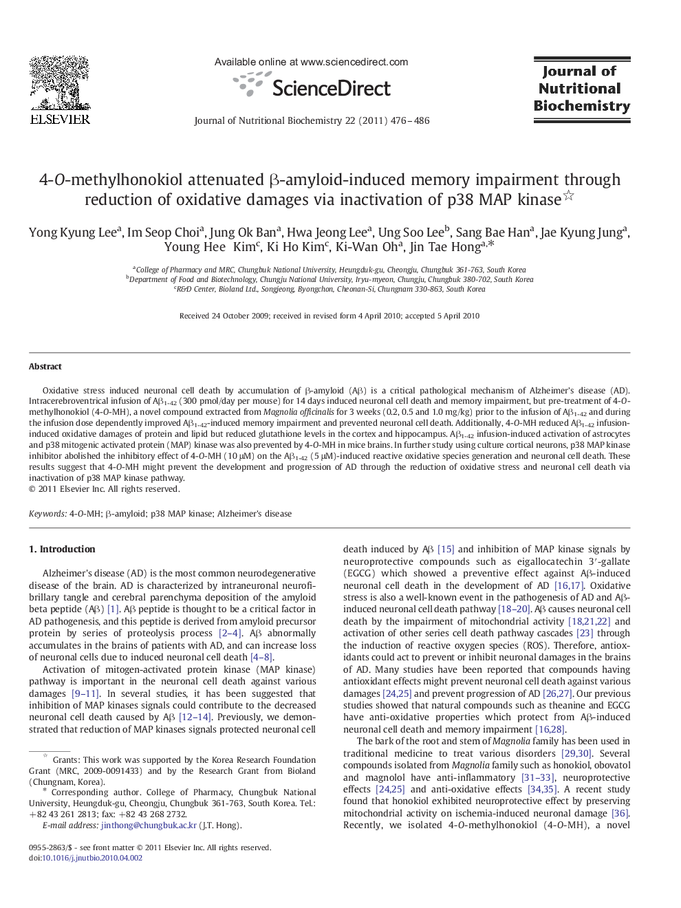 4-O-methylhonokiol attenuated β-amyloid-induced memory impairment through reduction of oxidative damages via inactivation of p38 MAP kinase 