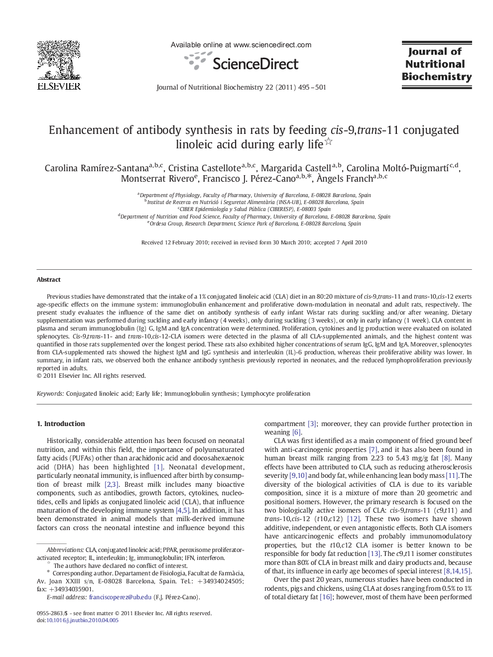 Enhancement of antibody synthesis in rats by feeding cis-9,trans-11 conjugated linoleic acid during early life 