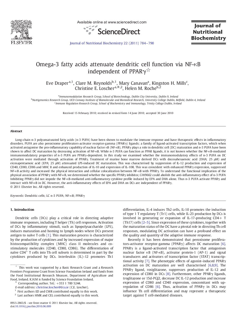 Omega-3 fatty acids attenuate dendritic cell function via NF-κB independent of PPARγ 