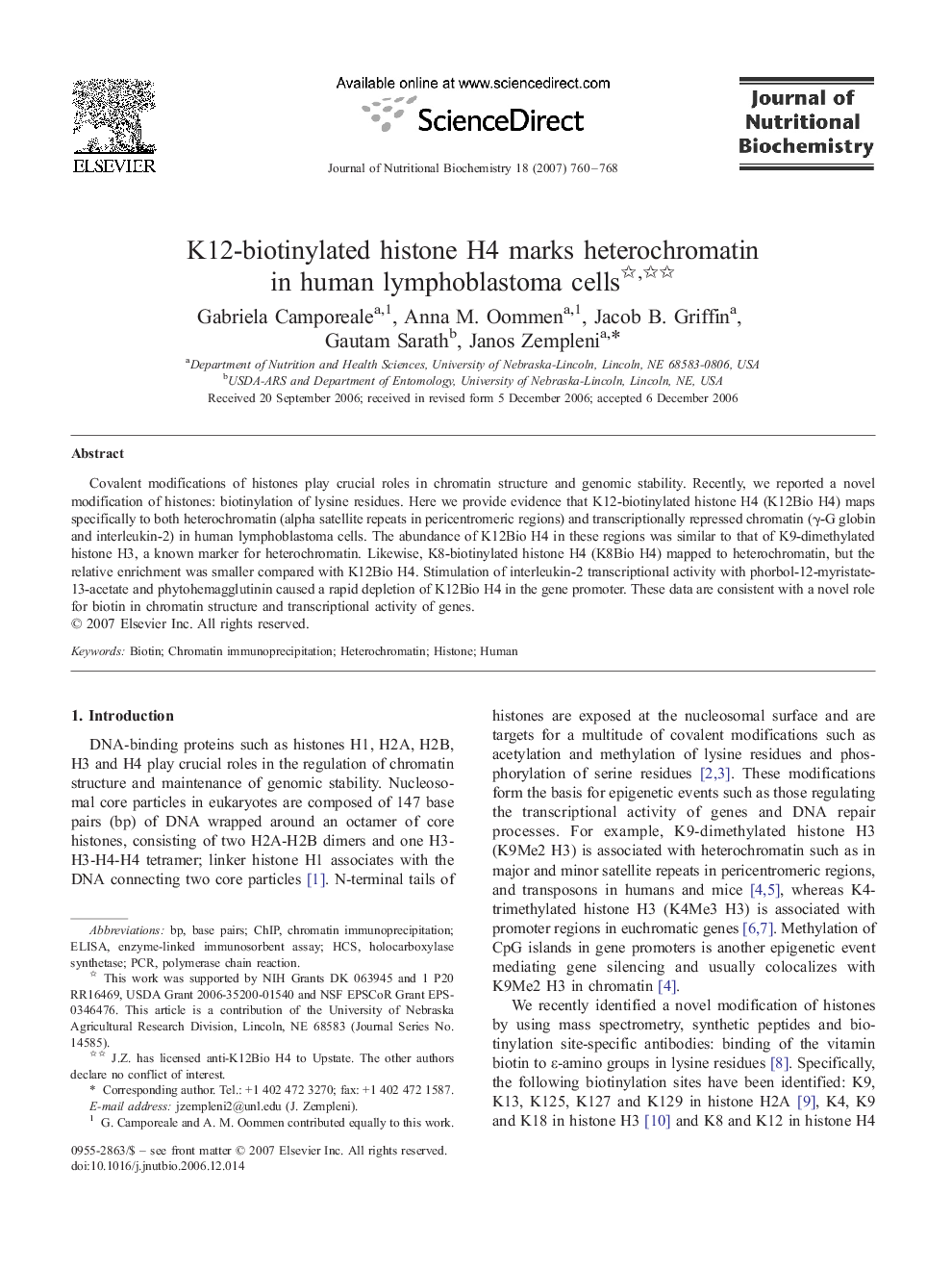 K12-biotinylated histone H4 marks heterochromatin in human lymphoblastoma cells 