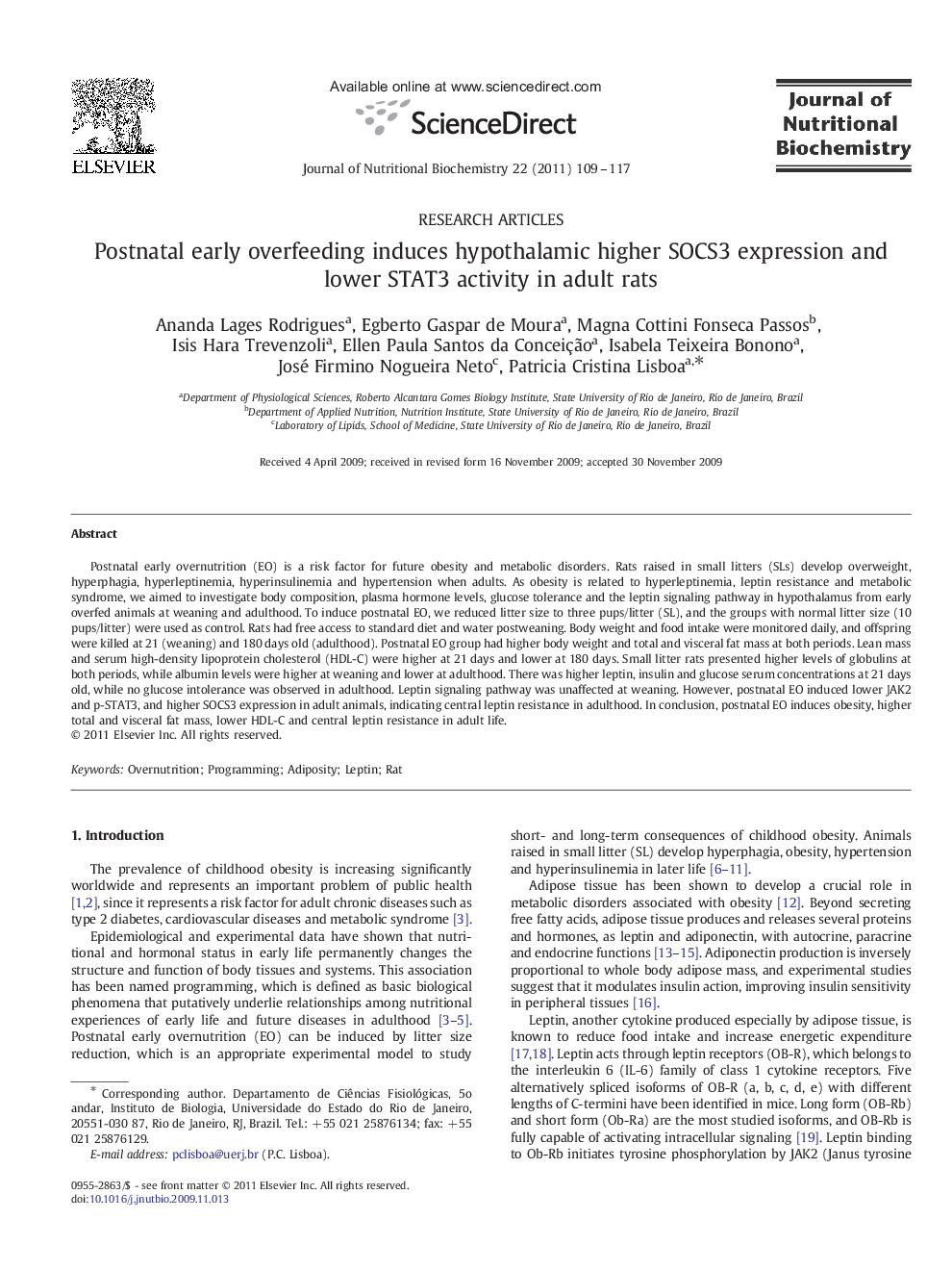 Postnatal early overfeeding induces hypothalamic higher SOCS3 expression and lower STAT3 activity in adult rats