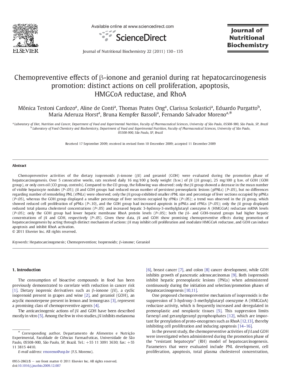 Chemopreventive effects of β-ionone and geraniol during rat hepatocarcinogenesis promotion: distinct actions on cell proliferation, apoptosis, HMGCoA reductase, and RhoA