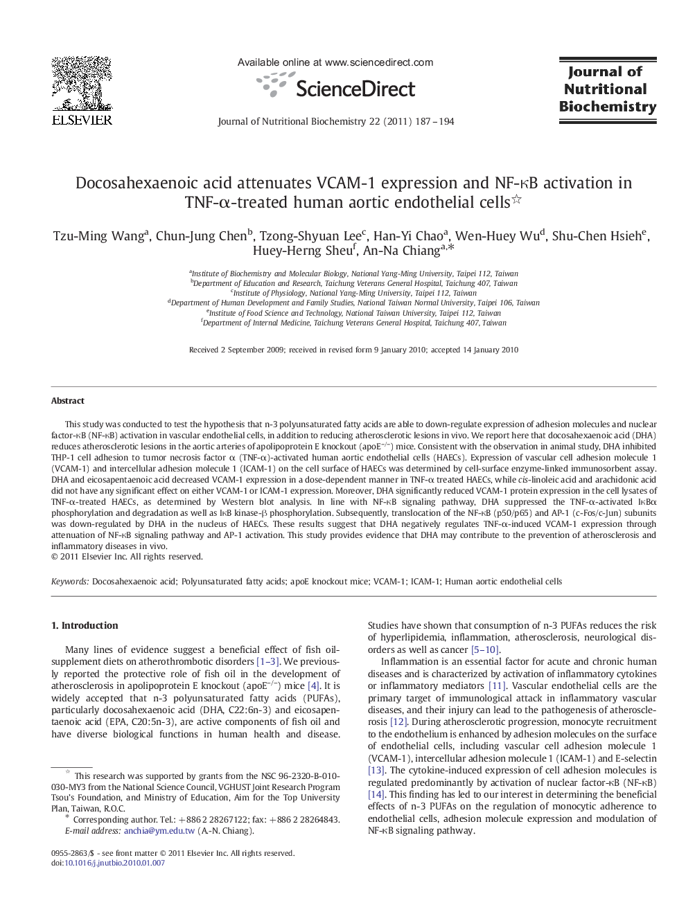 Docosahexaenoic acid attenuates VCAM-1 expression and NF-κB activation in TNF-α-treated human aortic endothelial cells 