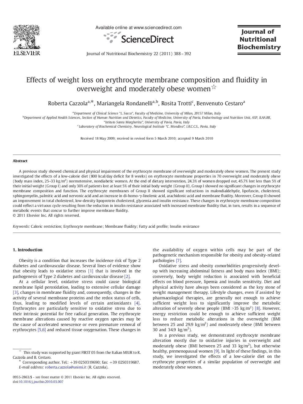 Effects of weight loss on erythrocyte membrane composition and fluidity in overweight and moderately obese women 