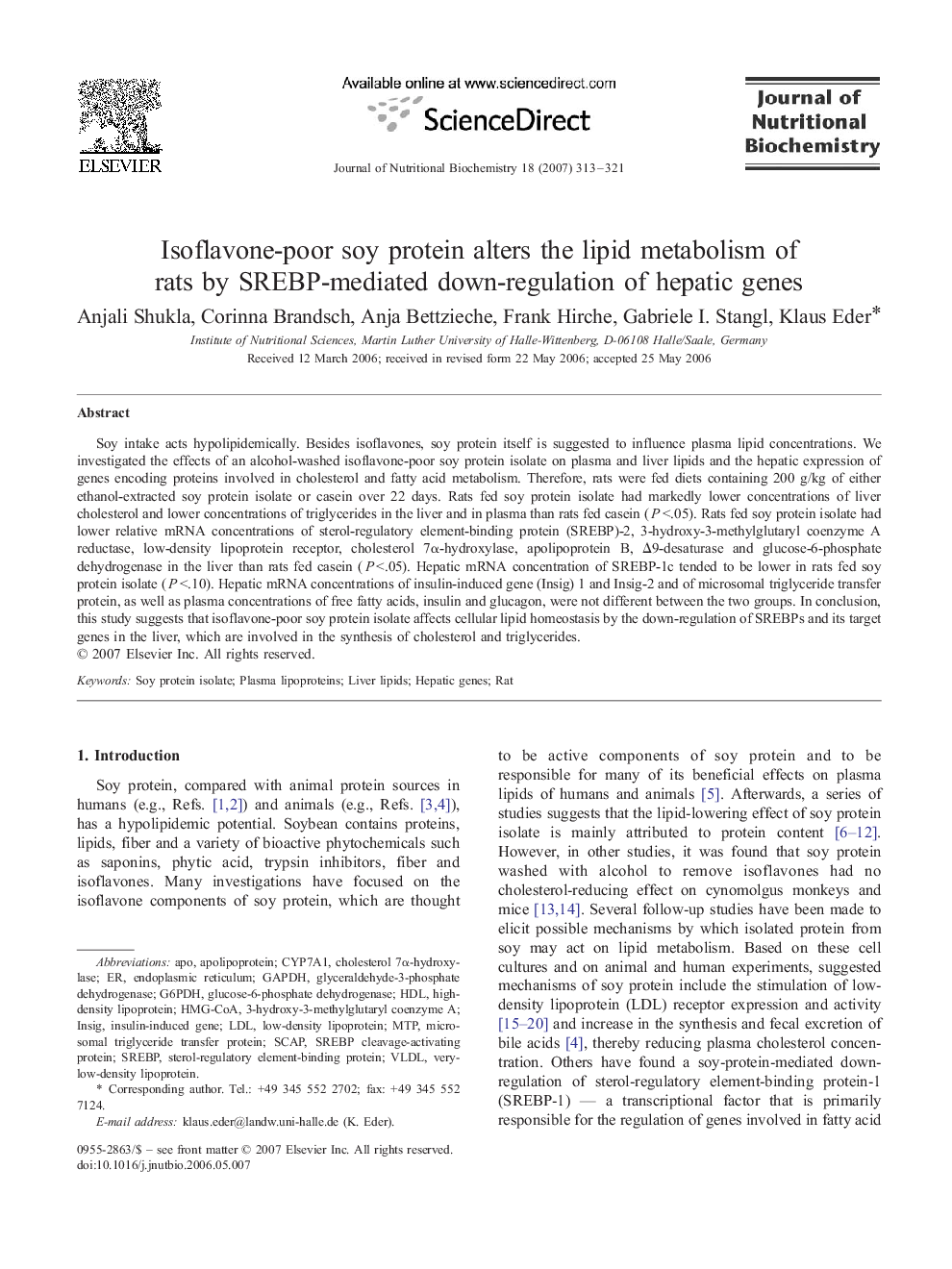 Isoflavone-poor soy protein alters the lipid metabolism of rats by SREBP-mediated down-regulation of hepatic genes