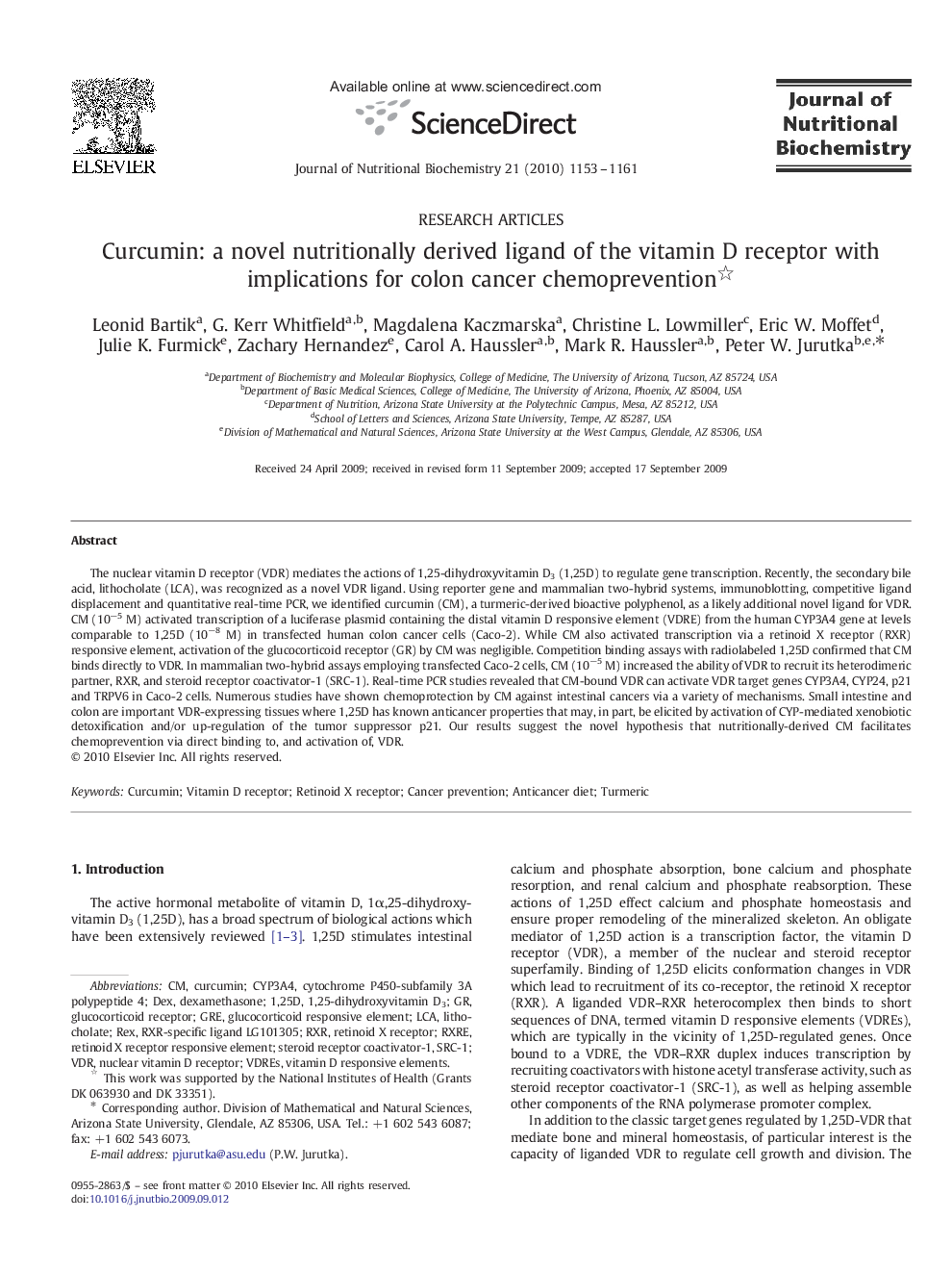 Curcumin: a novel nutritionally derived ligand of the vitamin D receptor with implications for colon cancer chemoprevention 