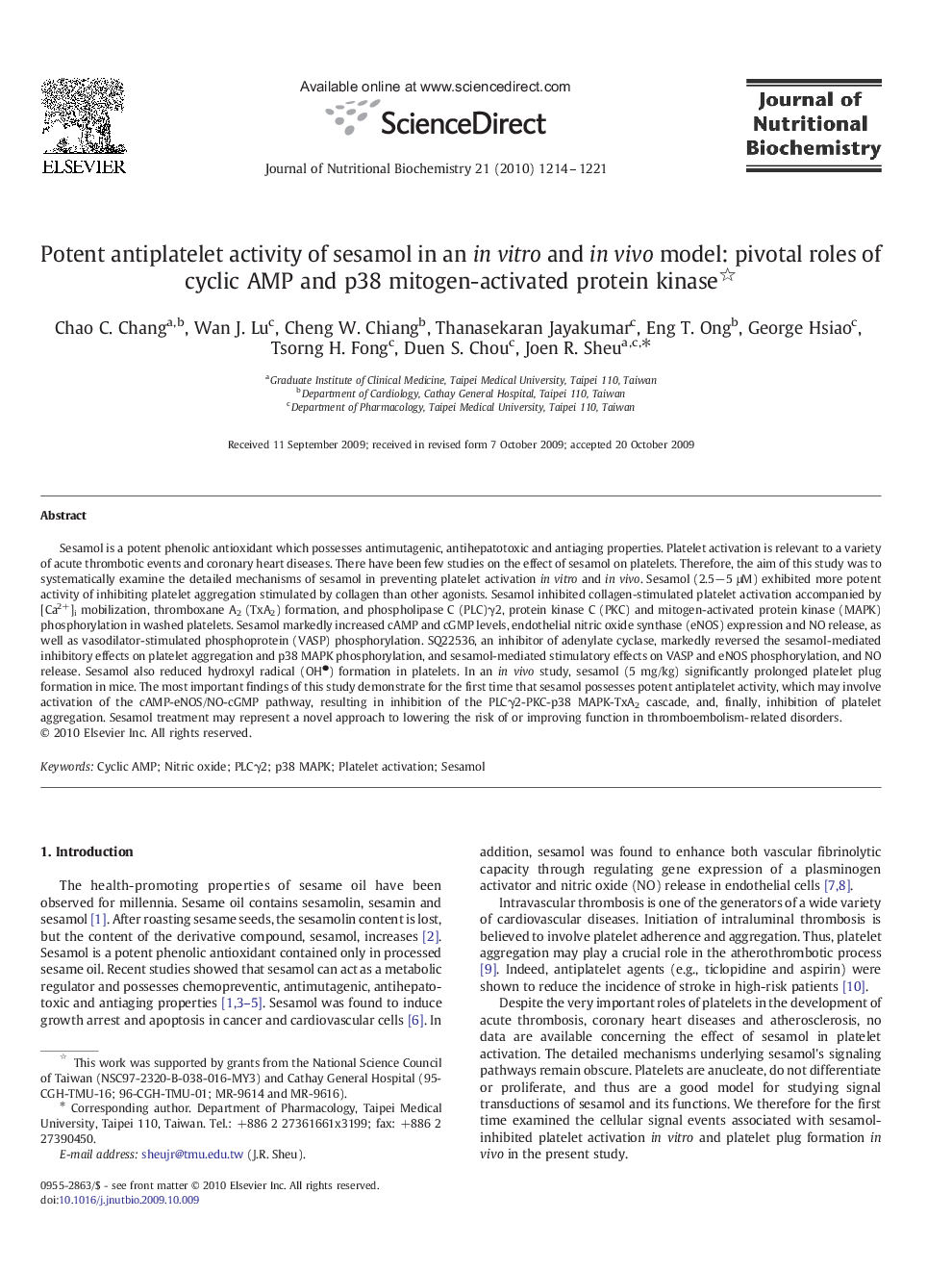 Potent antiplatelet activity of sesamol in an in vitro and in vivo model: pivotal roles of cyclic AMP and p38 mitogen-activated protein kinase 