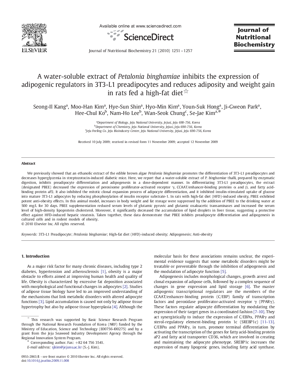 A water-soluble extract of Petalonia binghamiae inhibits the expression of adipogenic regulators in 3T3-L1 preadipocytes and reduces adiposity and weight gain in rats fed a high-fat diet 