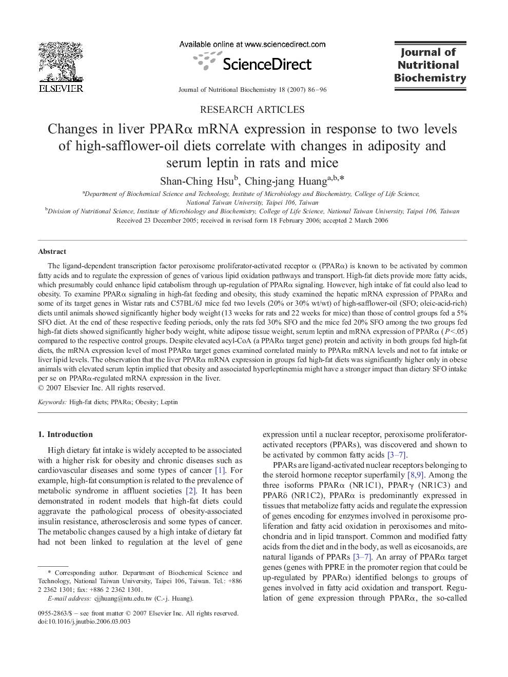 Changes in liver PPARα mRNA expression in response to two levels of high-safflower-oil diets correlate with changes in adiposity and serum leptin in rats and mice