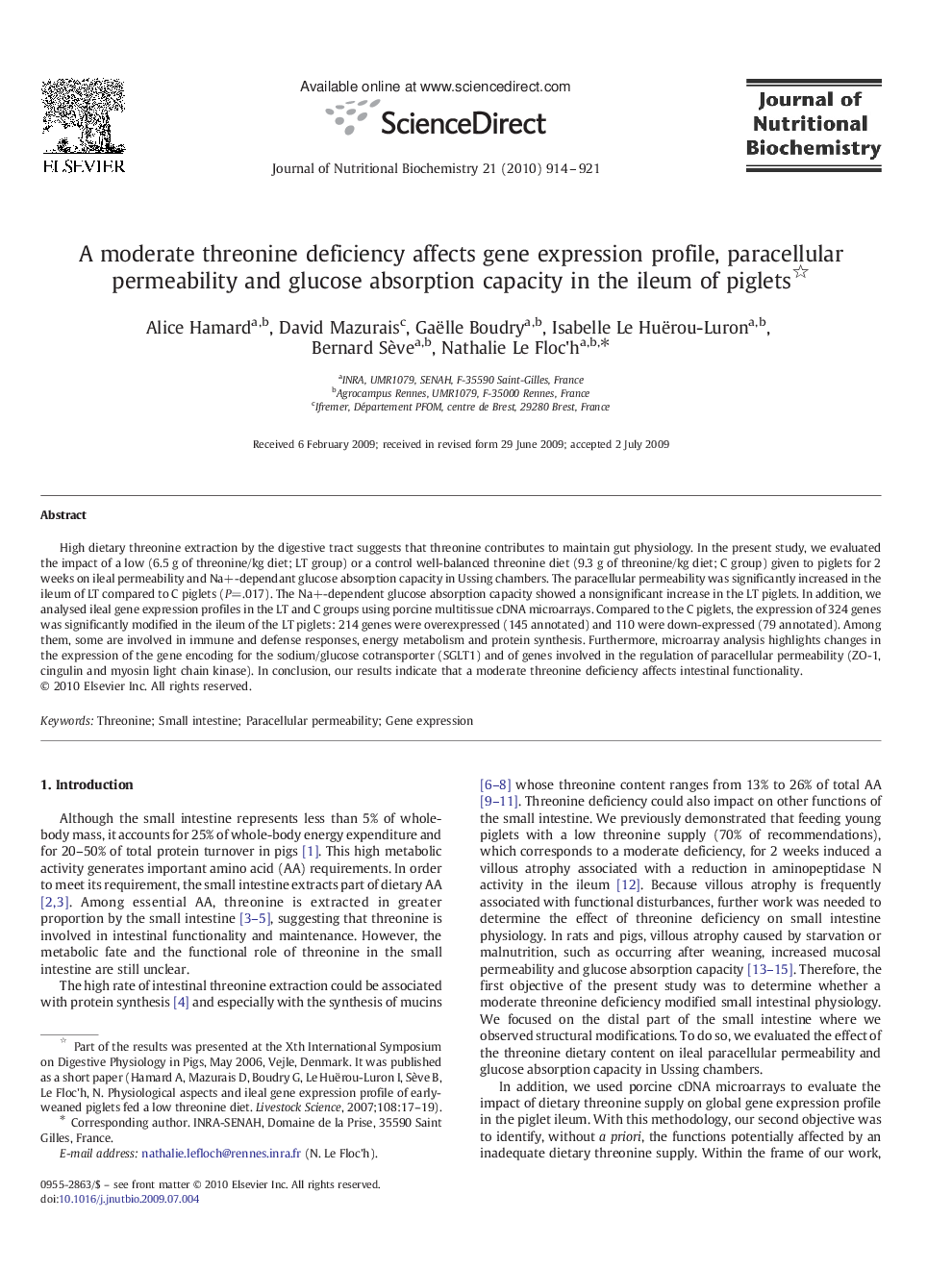 A moderate threonine deficiency affects gene expression profile, paracellular permeability and glucose absorption capacity in the ileum of piglets 