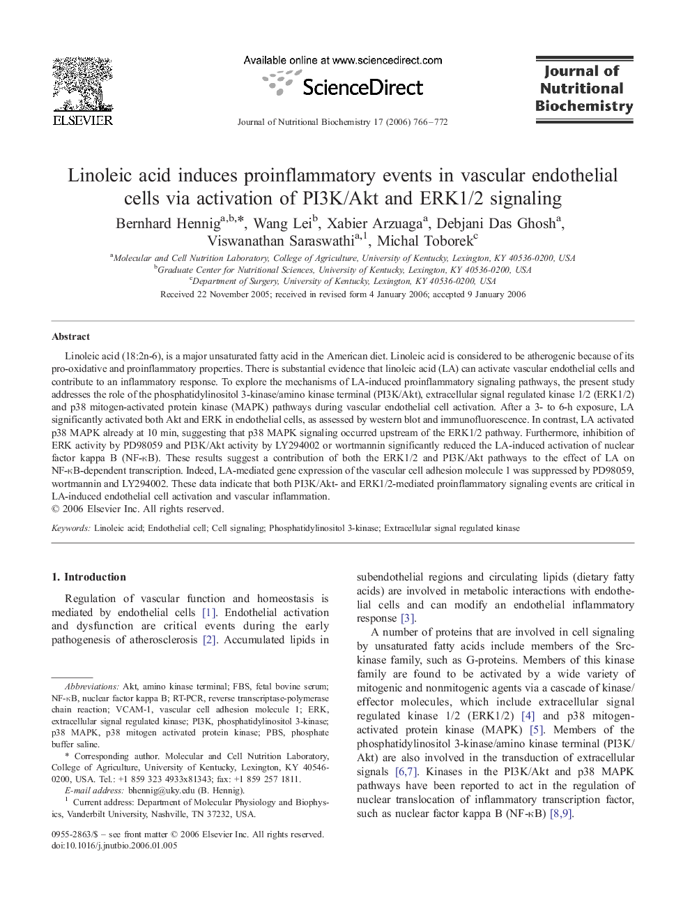 Linoleic acid induces proinflammatory events in vascular endothelial cells via activation of PI3K/Akt and ERK1/2 signaling