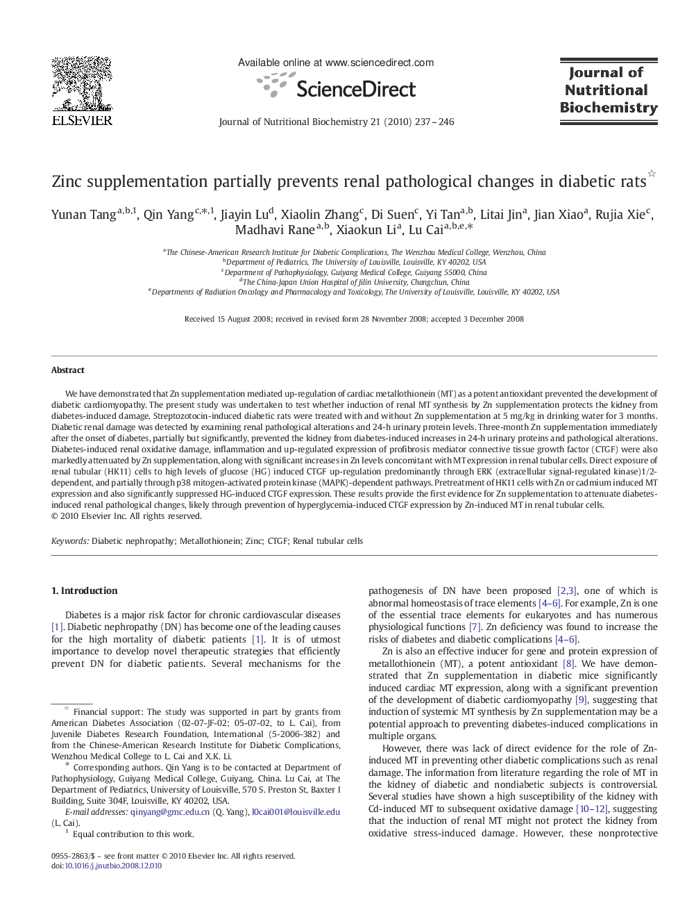 Zinc supplementation partially prevents renal pathological changes in diabetic rats 