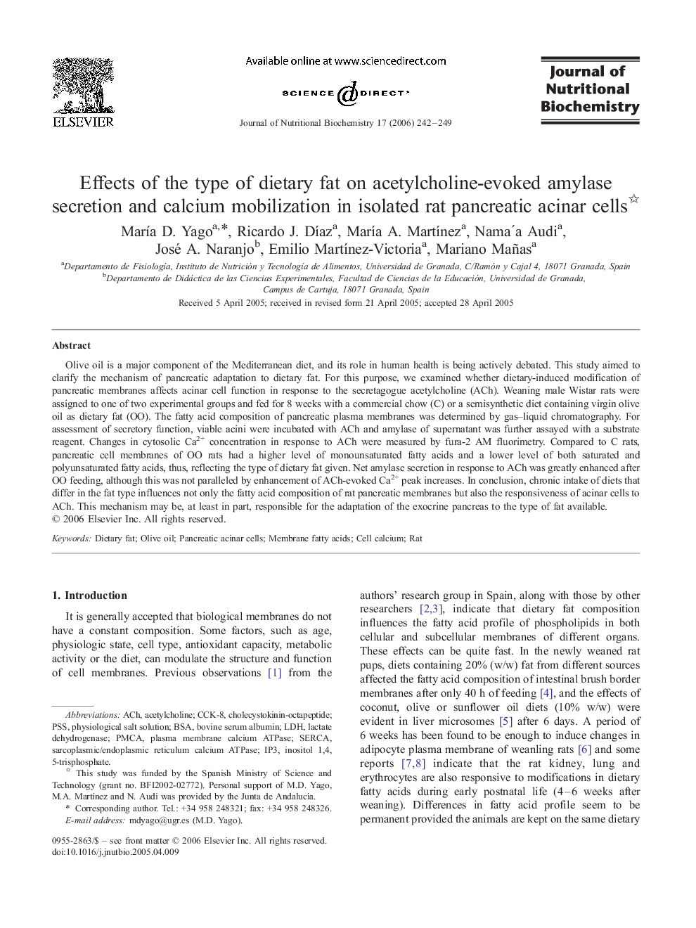 Effects of the type of dietary fat on acetylcholine-evoked amylase secretion and calcium mobilization in isolated rat pancreatic acinar cells