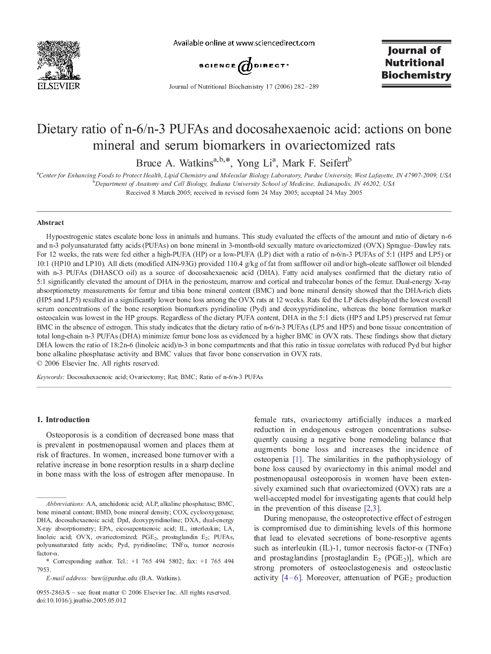 Dietary ratio of n-6/n-3 PUFAs and docosahexaenoic acid: actions on bone mineral and serum biomarkers in ovariectomized rats