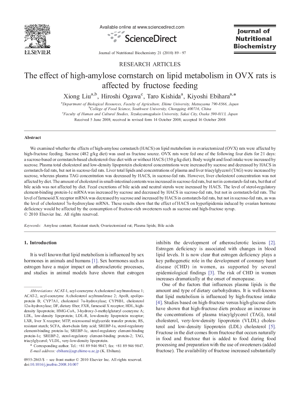 The effect of high-amylose cornstarch on lipid metabolism in OVX rats is affected by fructose feeding