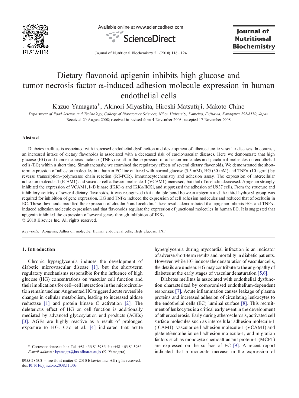 Dietary flavonoid apigenin inhibits high glucose and tumor necrosis factor α-induced adhesion molecule expression in human endothelial cells