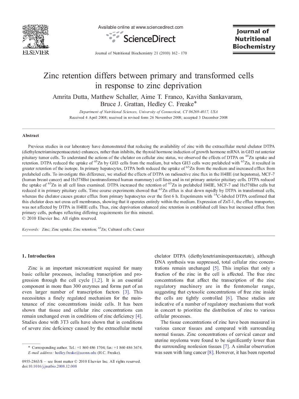 Zinc retention differs between primary and transformed cells in response to zinc deprivation