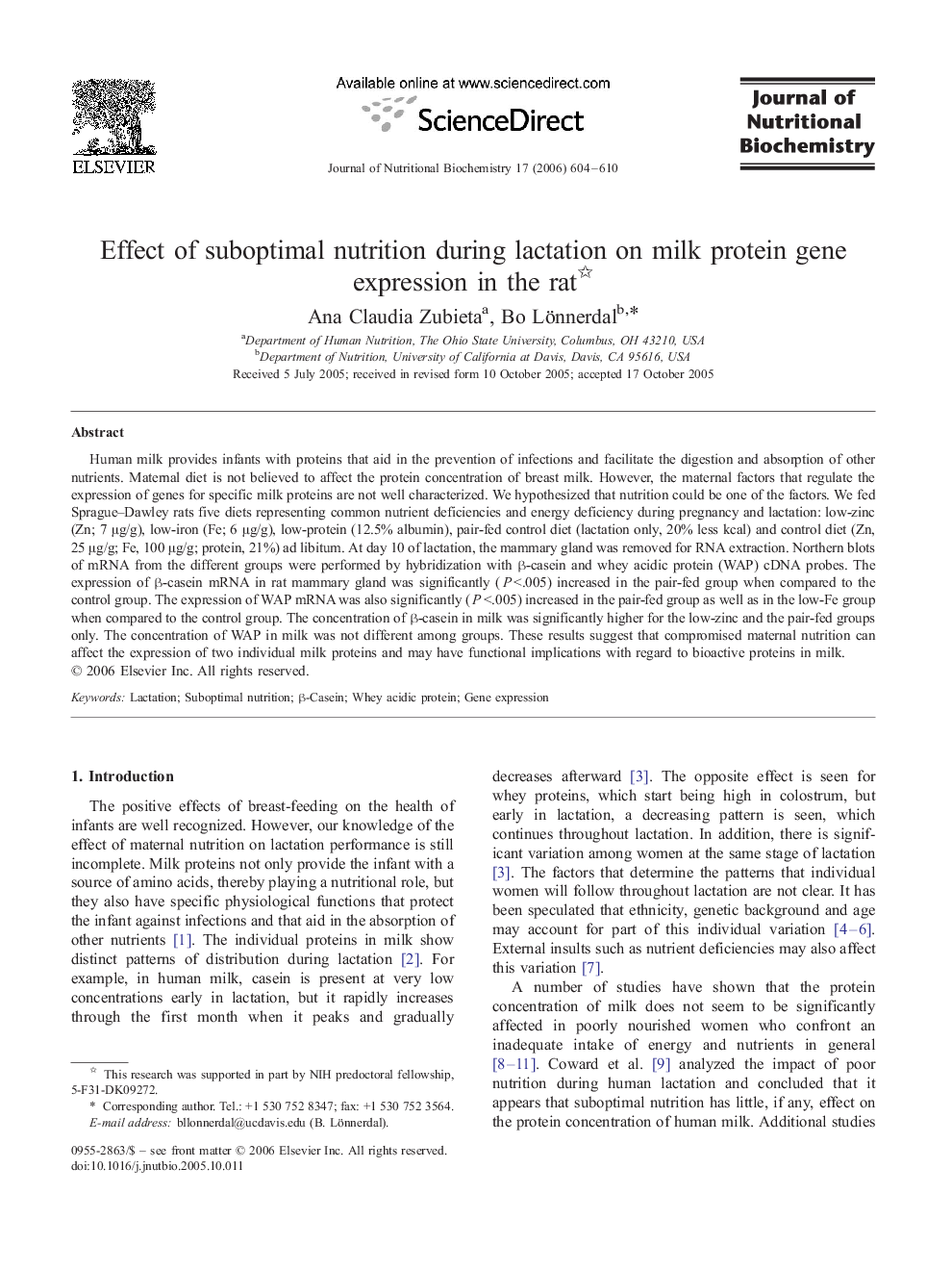 Effect of suboptimal nutrition during lactation on milk protein gene expression in the rat 