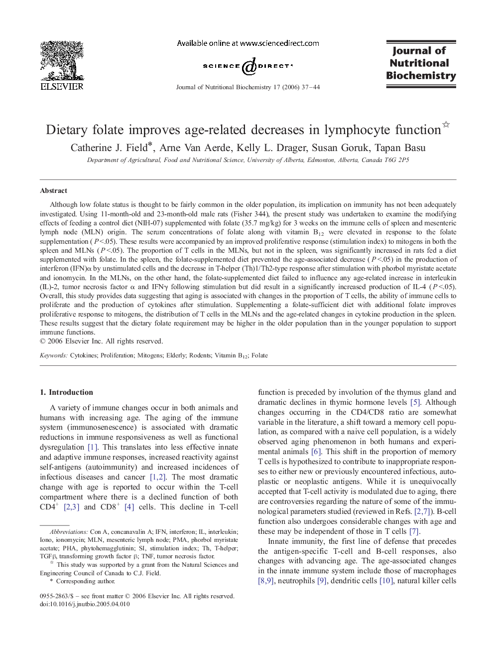 Dietary folate improves age-related decreases in lymphocyte function 