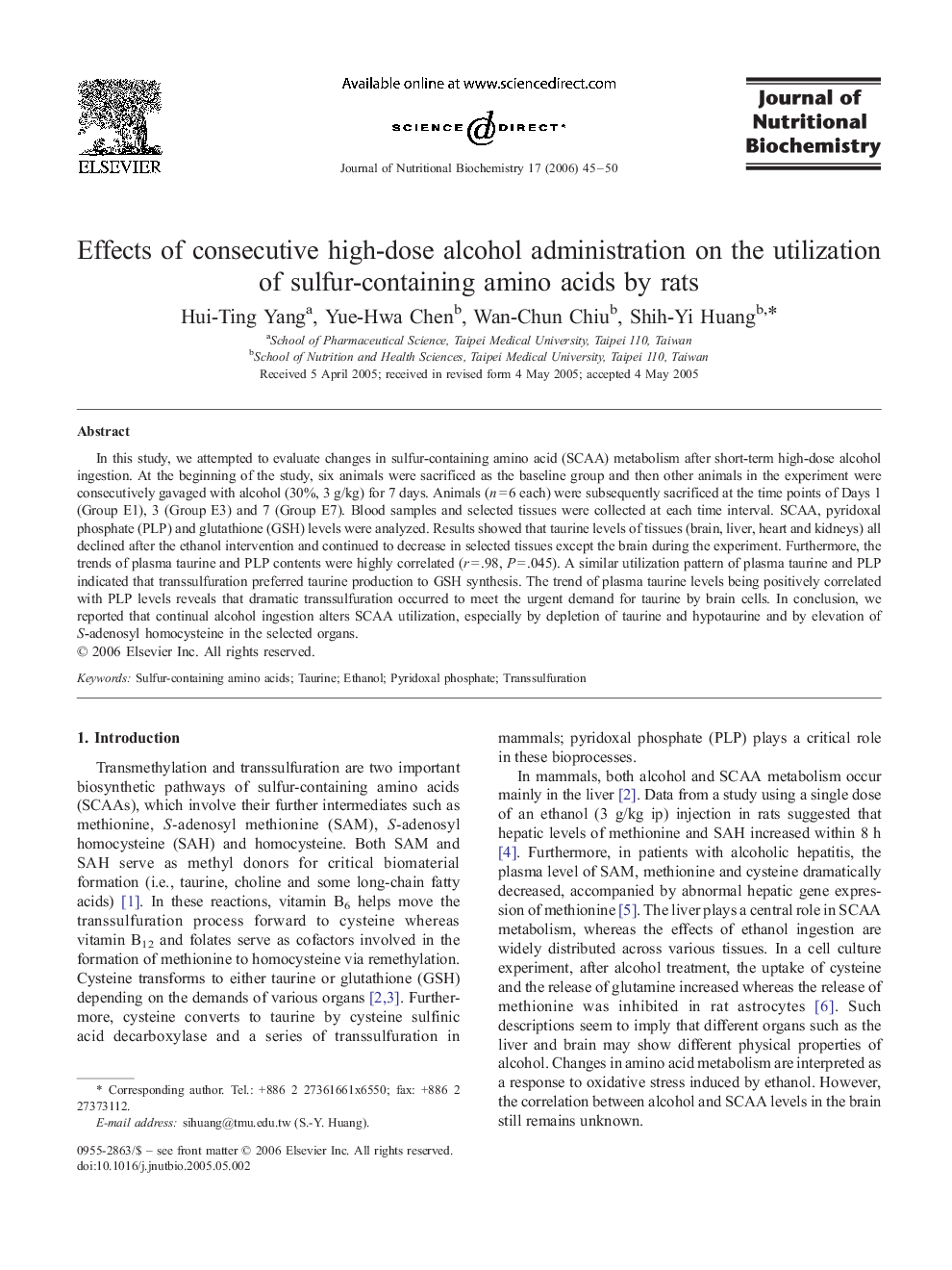 Effects of consecutive high-dose alcohol administration on the utilization of sulfur-containing amino acids by rats