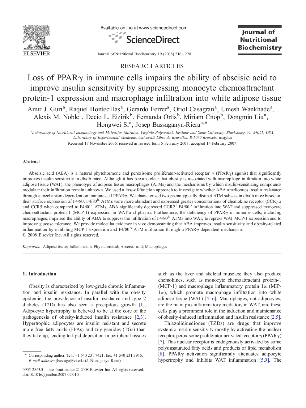 Loss of PPARγ in immune cells impairs the ability of abscisic acid to improve insulin sensitivity by suppressing monocyte chemoattractant protein-1 expression and macrophage infiltration into white adipose tissue