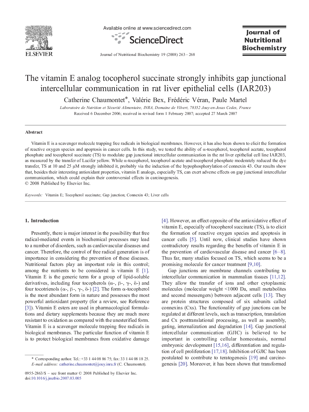 The vitamin E analog tocopherol succinate strongly inhibits gap junctional intercellular communication in rat liver epithelial cells (IAR203)