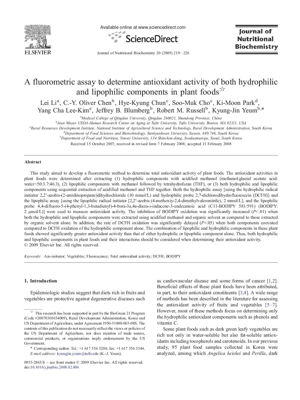 A fluorometric assay to determine antioxidant activity of both hydrophilic and lipophilic components in plant foods 