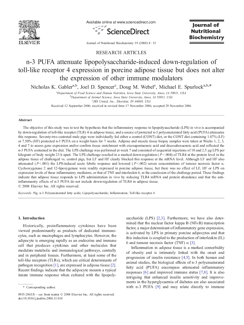 n-3 PUFA attenuate lipopolysaccharide-induced down-regulation of toll-like receptor 4 expression in porcine adipose tissue but does not alter the expression of other immune modulators