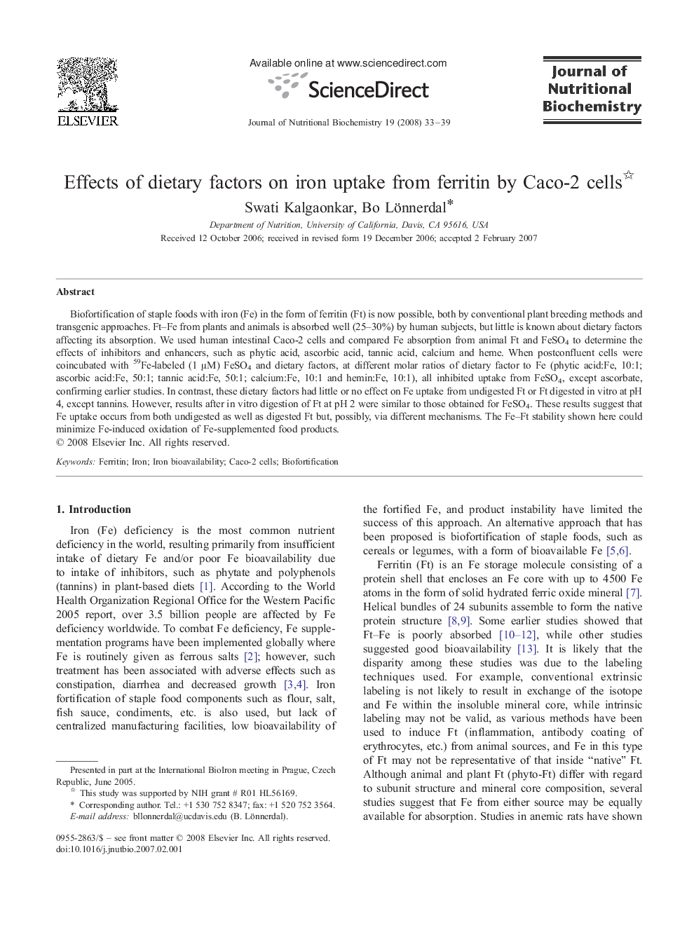 عکس صفحه اول مقاله: Effects of dietary factors on iron uptake from ferritin by Caco-2 cells Effects of dietary factors on iron uptake from ferritin by Caco-2 cells