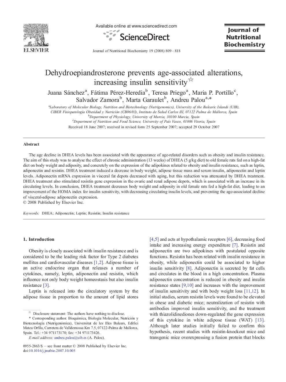 Dehydroepiandrosterone prevents age-associated alterations, increasing insulin sensitivity 