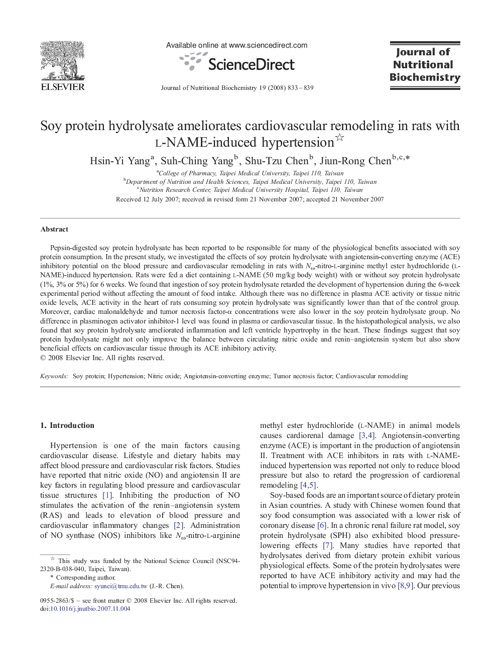 Soy protein hydrolysate ameliorates cardiovascular remodeling in rats with l-NAME-induced hypertension 