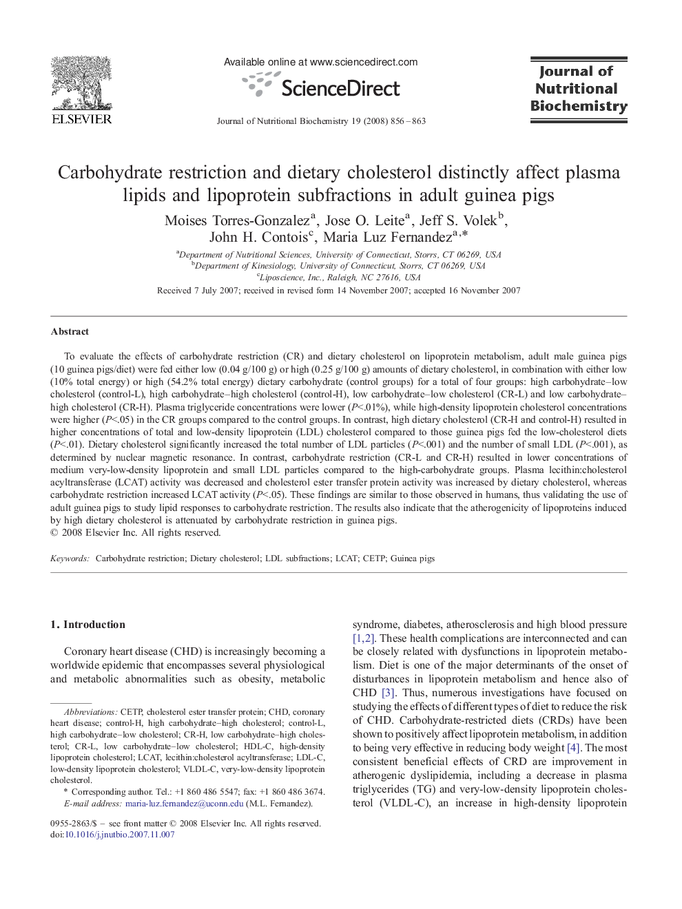 Carbohydrate restriction and dietary cholesterol distinctly affect plasma lipids and lipoprotein subfractions in adult guinea pigs