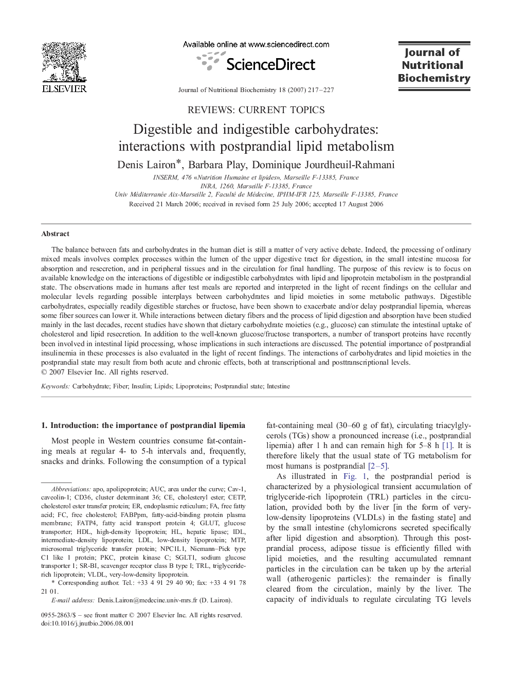 Digestible and indigestible carbohydrates: interactions with postprandial lipid metabolism