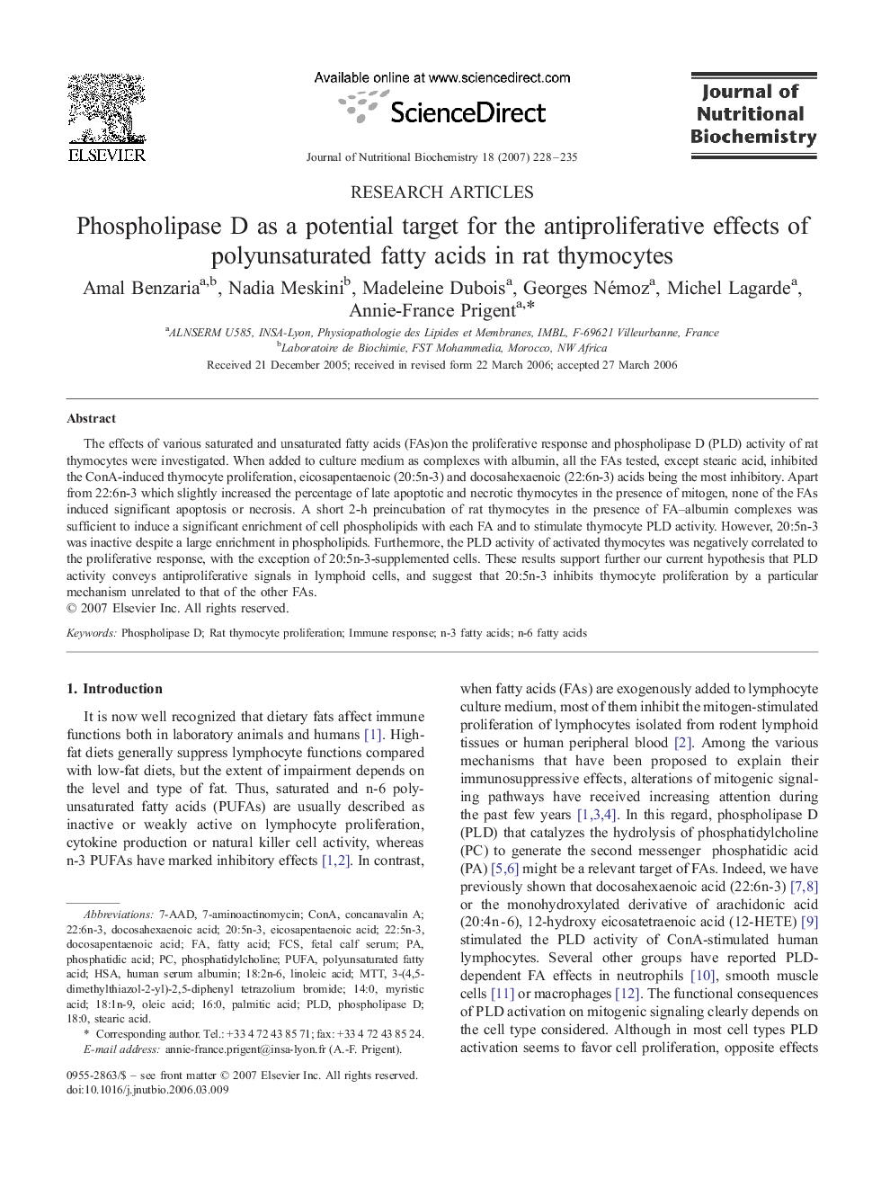 Phospholipase D as a potential target for the antiproliferative effects of polyunsaturated fatty acids in rat thymocytes