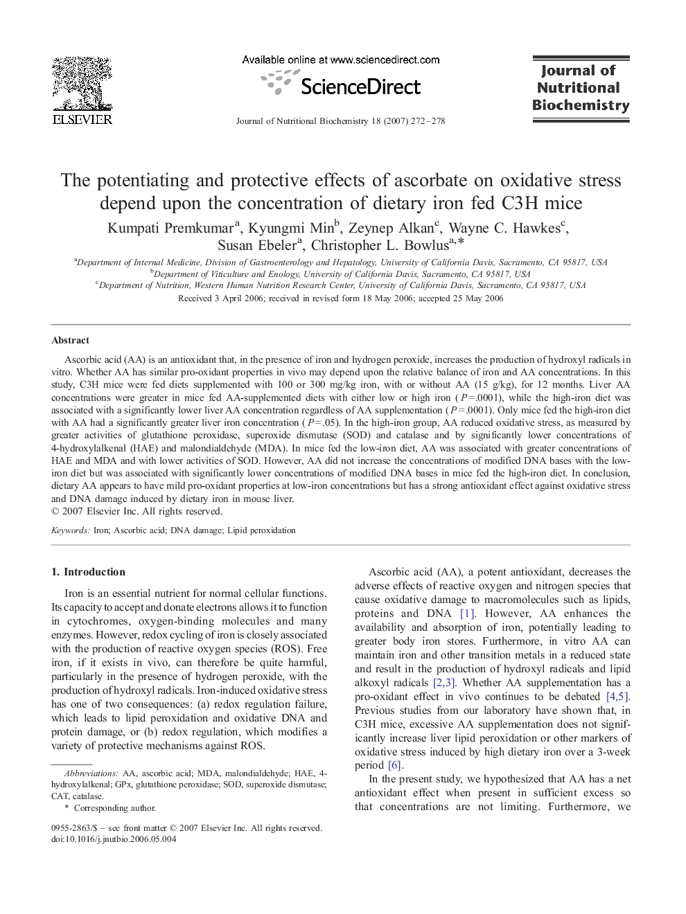 The potentiating and protective effects of ascorbate on oxidative stress depend upon the concentration of dietary iron fed C3H mice